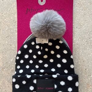 Betsey Johnson 2 pack grey and polka dot  beanies one size
